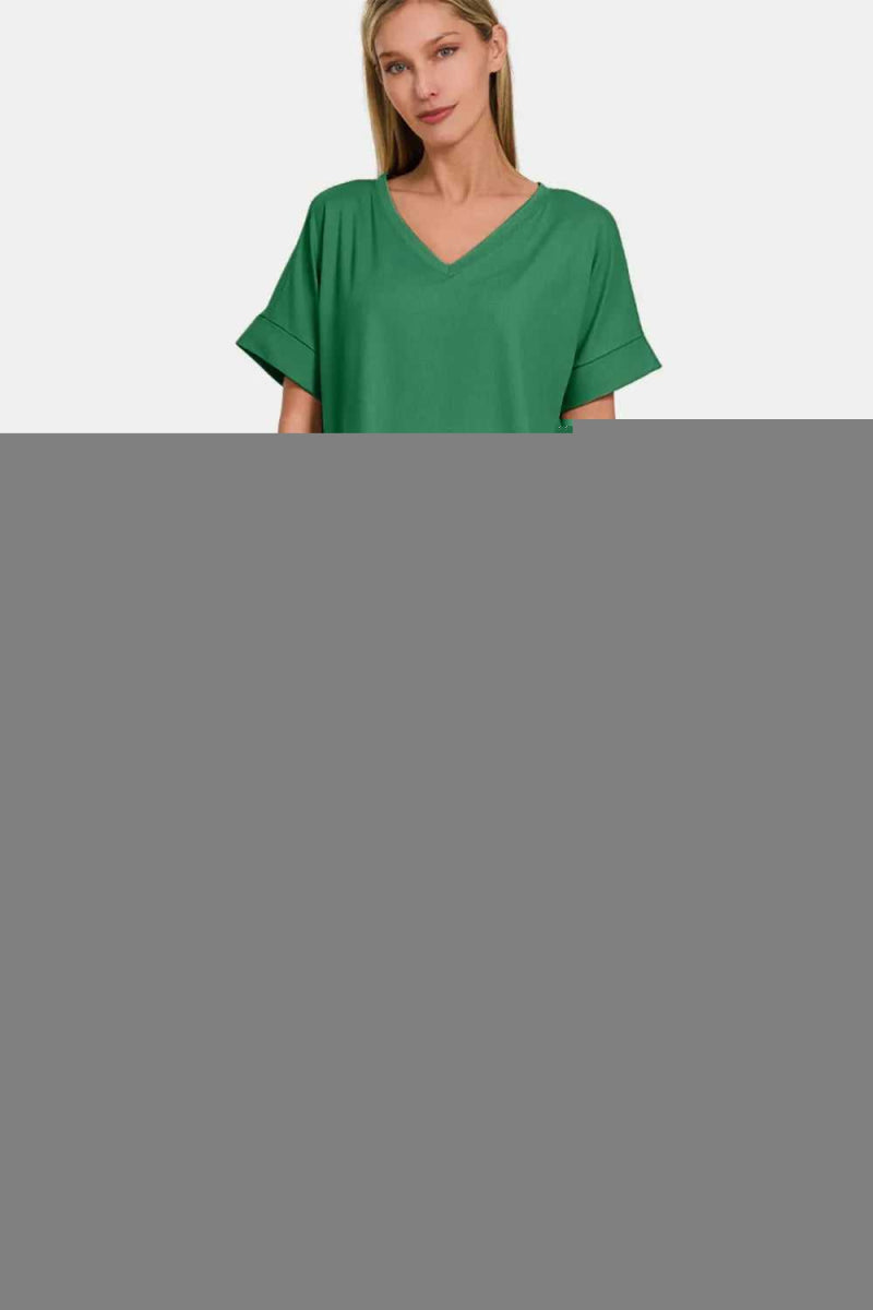 Zenana Full Size V - Neck Rolled Short Sleeve T-Shirt and Leggings Lounge Set - Hopeford Streams