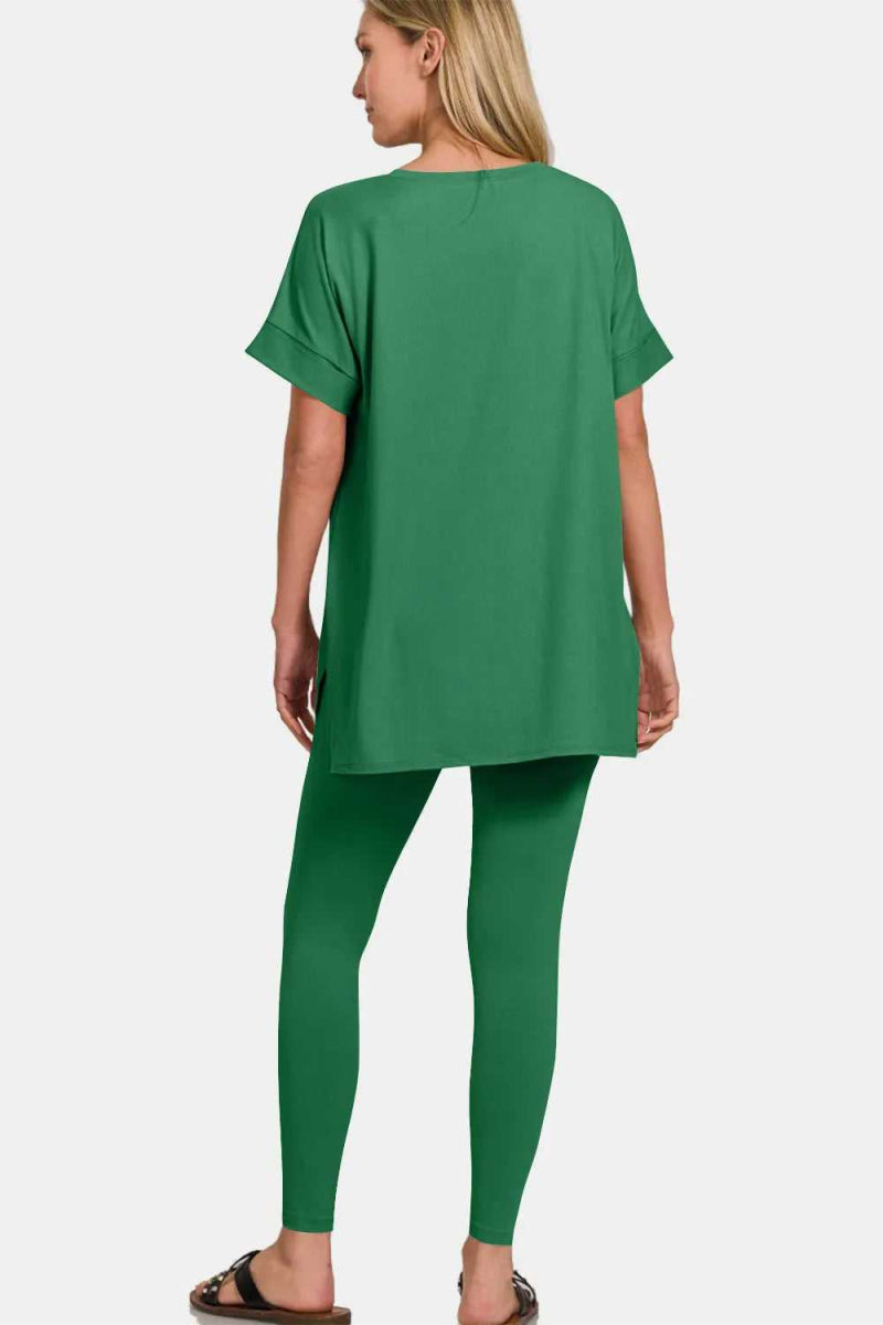 Zenana Full Size V - Neck Rolled Short Sleeve T-Shirt and Leggings Lounge Set - Hopeford Streams