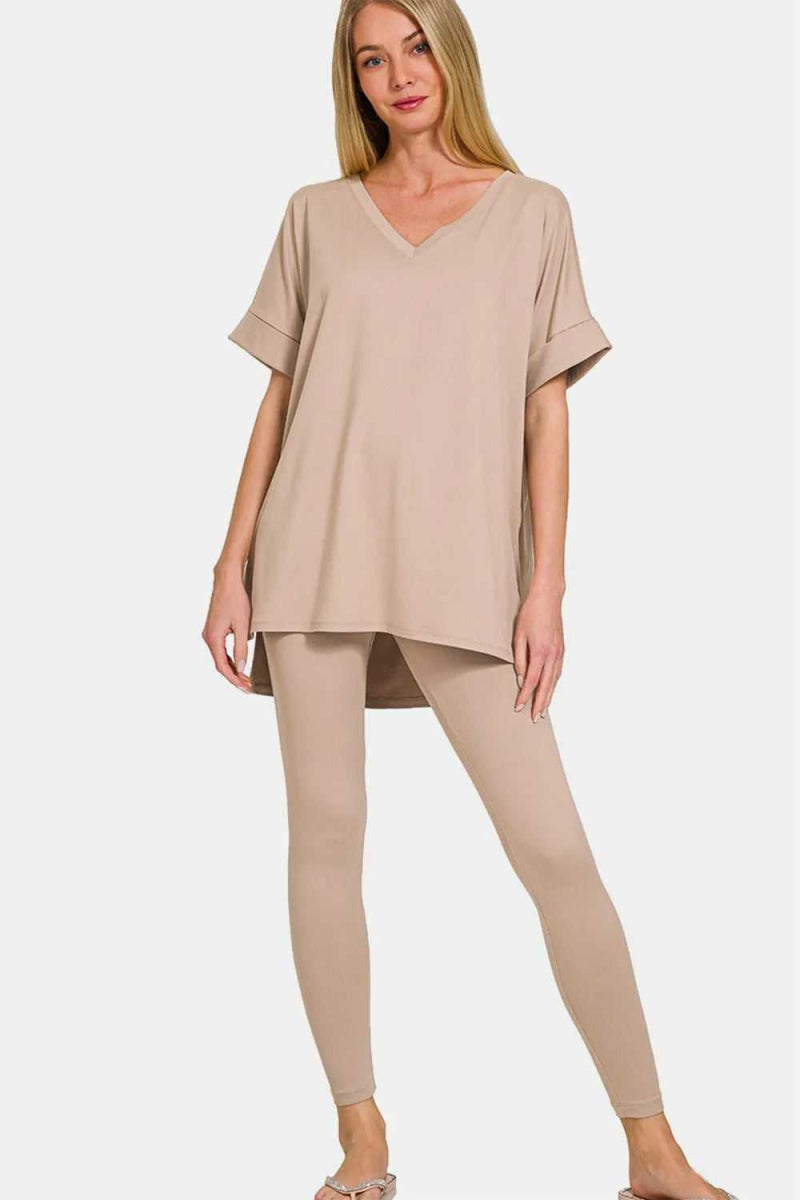 Zenana Full Size V - Neck Rolled Short Sleeve T-Shirt and Leggings Lounge Set - Hopeford Streams