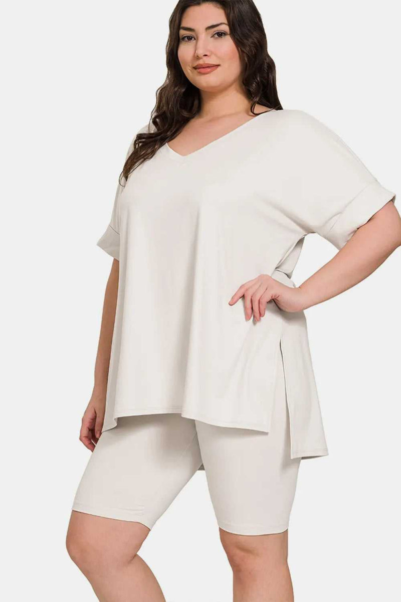 Zenana Full Size V - Neck Short Sleeve Slit T-Shirt and Shorts Set - Hopeford Streams