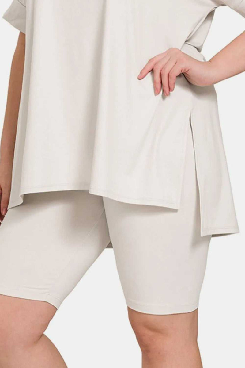 Zenana Full Size V - Neck Short Sleeve Slit T-Shirt and Shorts Set - Hopeford Streams