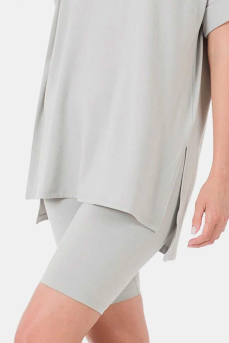 Zenana Full Size V - Neck Short Sleeve Slit T-Shirt and Shorts Set - Hopeford Streams