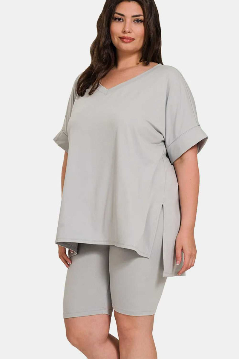 Zenana Full Size V - Neck Short Sleeve Slit T-Shirt and Shorts Set - Hopeford Streams
