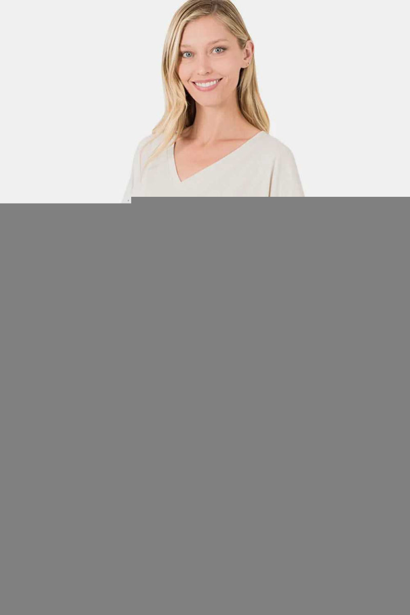Zenana Full Size V - Neck Short Sleeve Slit T-Shirt and Shorts Set - Hopeford Streams