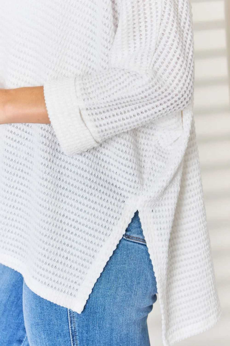 Zenana Full Size Waffle Knit V - Neck Long Sleeve Slit Top - Hopeford Streams