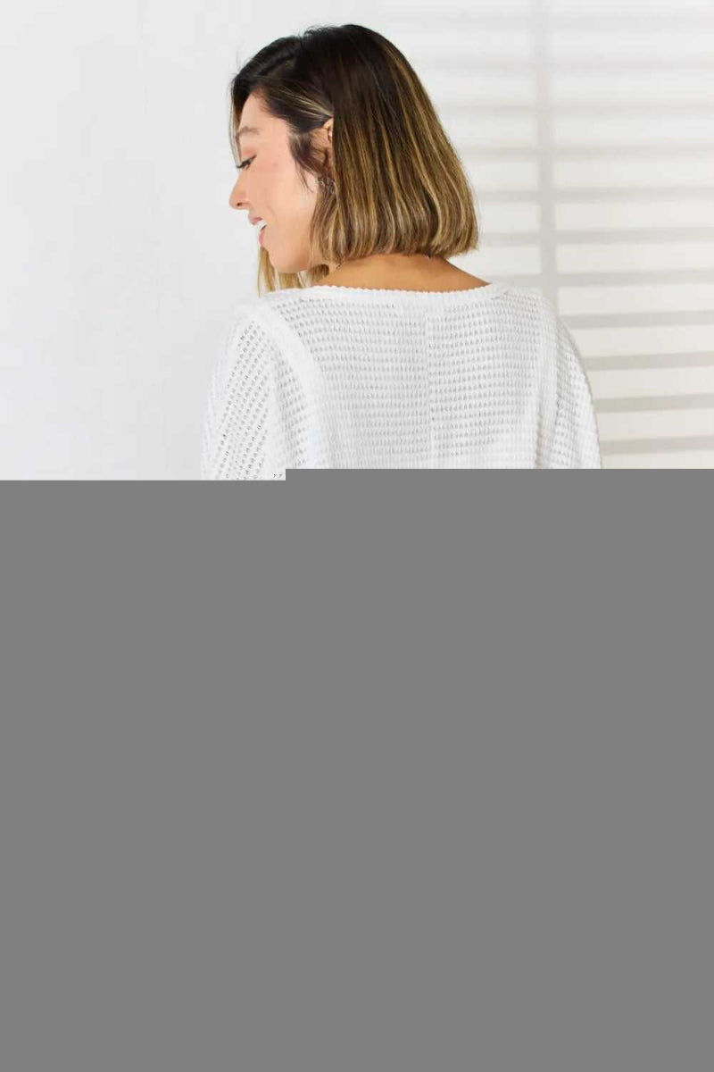 Zenana Full Size Waffle Knit V - Neck Long Sleeve Slit Top - Hopeford Streams