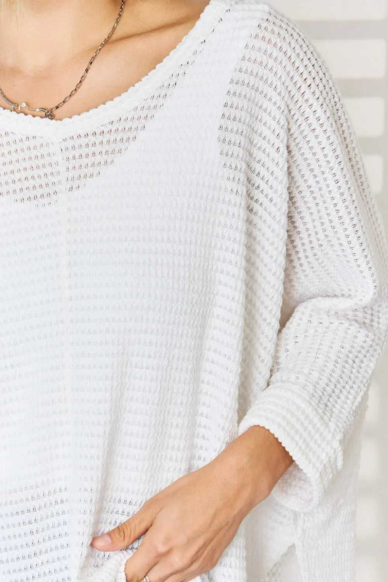 Zenana Full Size Waffle Knit V - Neck Long Sleeve Slit Top - Hopeford Streams