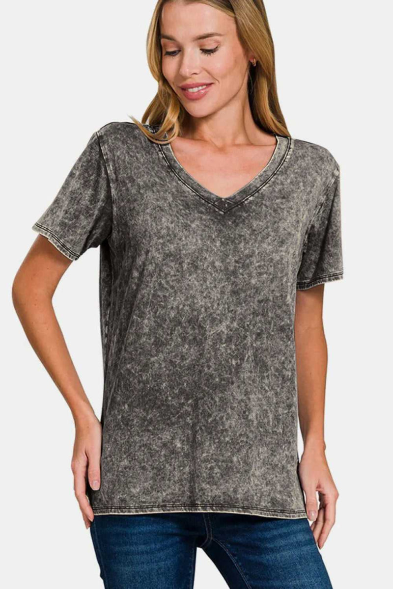 Zenana Full Size Washed Short Sleeve V - Neck T-Shirt - Hopeford Streams