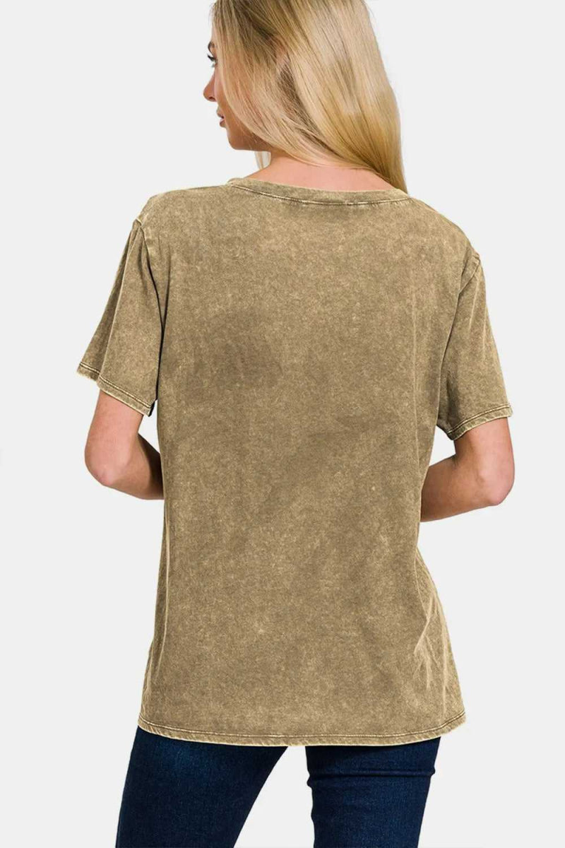 Zenana Full Size Washed Short Sleeve V - Neck T-Shirt - Hopeford Streams