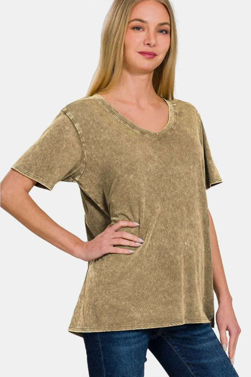 Zenana Full Size Washed Short Sleeve V - Neck T-Shirt - Hopeford Streams