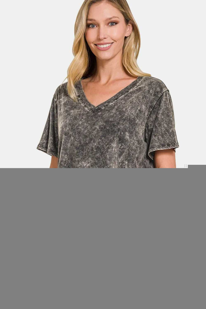 Zenana Full Size Washed Short Sleeve V - Neck T-Shirt - Hopeford Streams