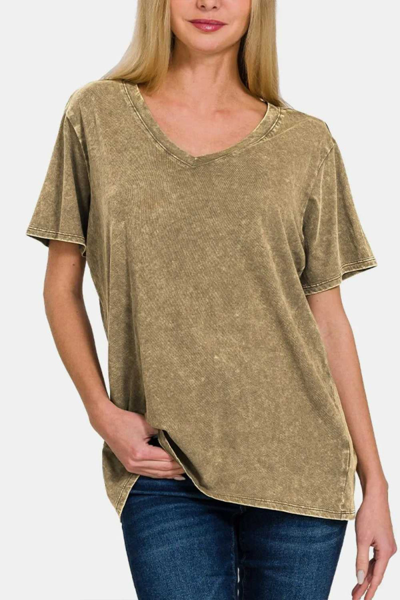 Zenana Full Size Washed Short Sleeve V - Neck T-Shirt - Hopeford Streams