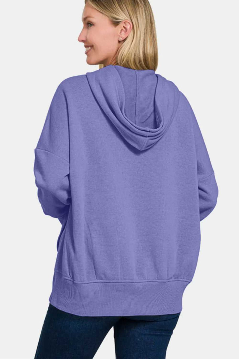 Zenana Half Snap Long Sleeve Hoodie with Kangaroo Pocket - Hopeford Streams