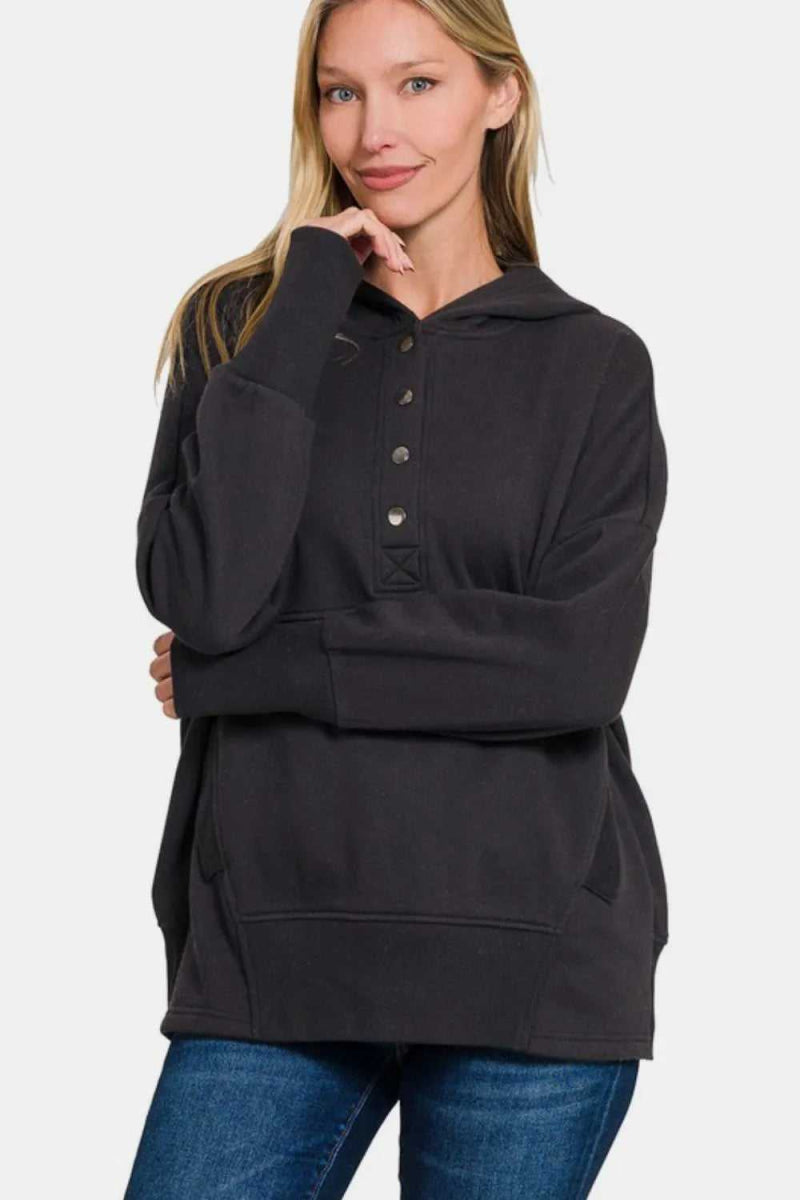 Zenana Half Snap Long Sleeve Hoodie with Kangaroo Pocket - Hopeford Streams