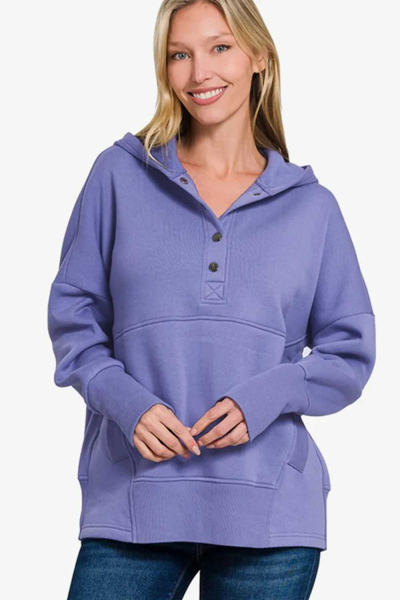 Zenana Half Snap Long Sleeve Hoodie with Kangaroo Pocket - Hopeford Streams