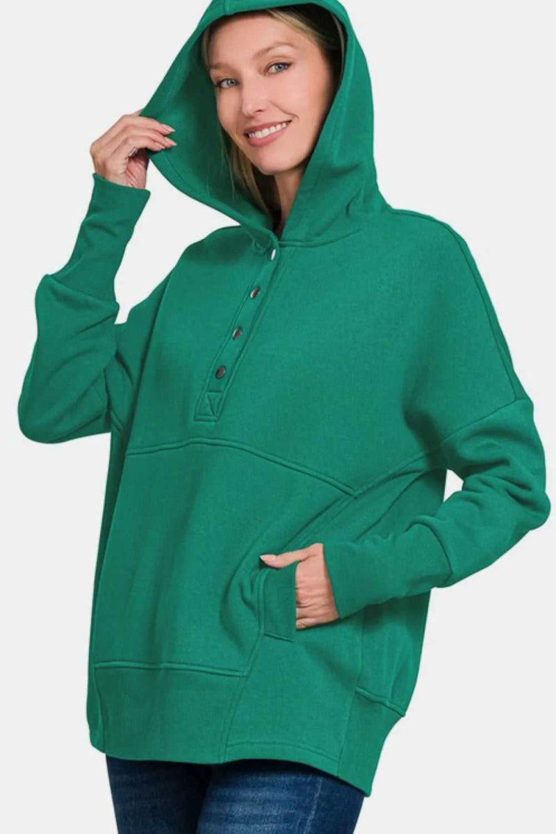 Zenana Half Snap Long Sleeve Hoodie with Kangaroo Pocket - Hopeford Streams