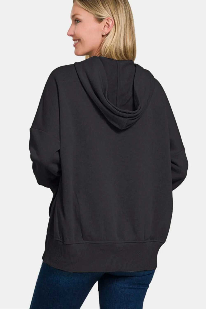 Zenana Half Snap Long Sleeve Hoodie with Kangaroo Pocket - Hopeford Streams