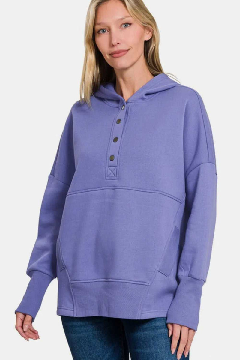 Zenana Half Snap Long Sleeve Hoodie with Kangaroo Pocket - Hopeford Streams