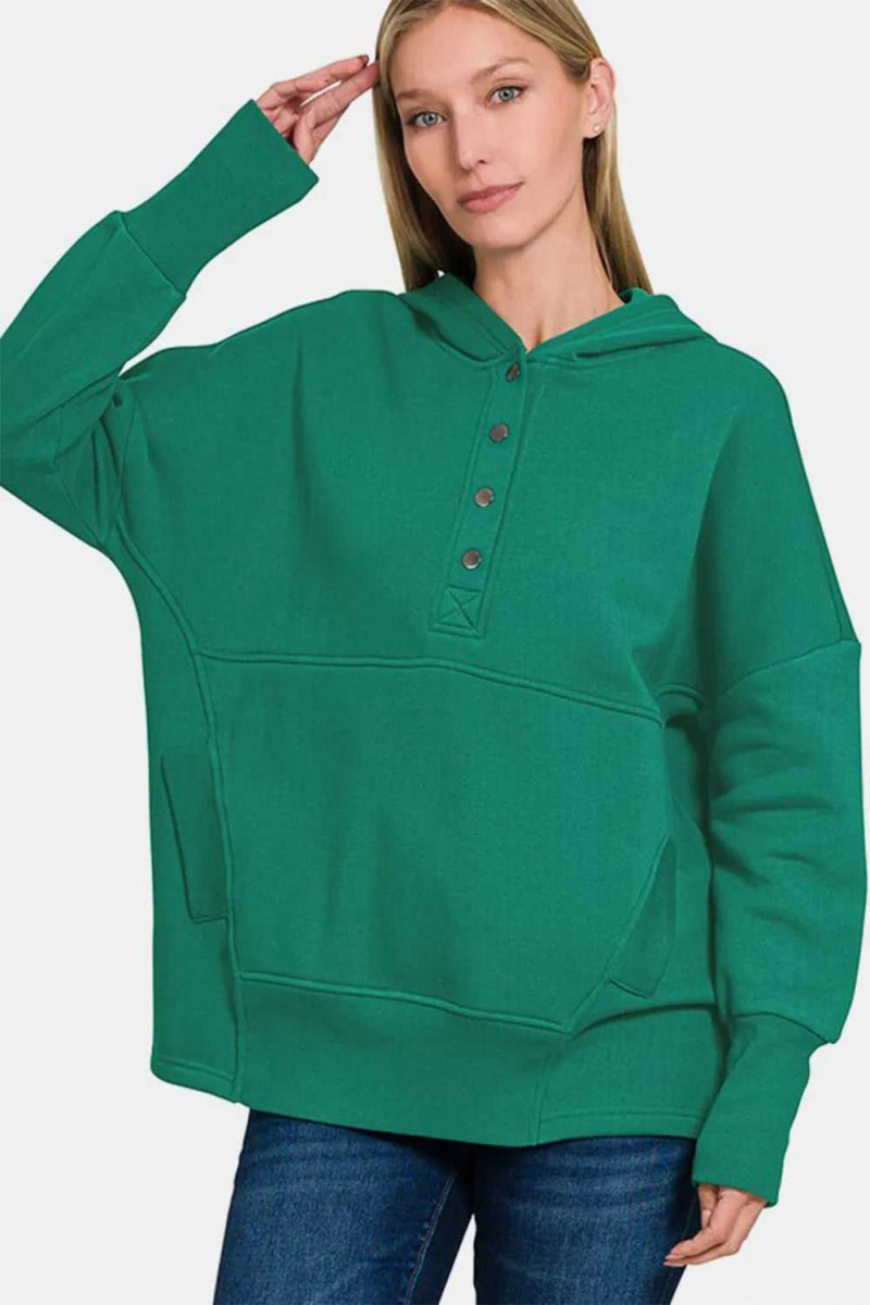 Zenana Half Snap Long Sleeve Hoodie with Kangaroo Pocket - Hopeford Streams