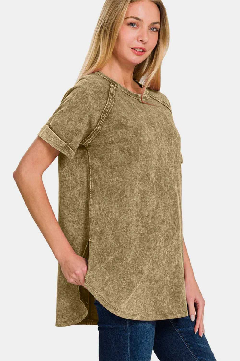 Zenana Heathered Round Neck Short Sleeve Top - Hopeford Streams