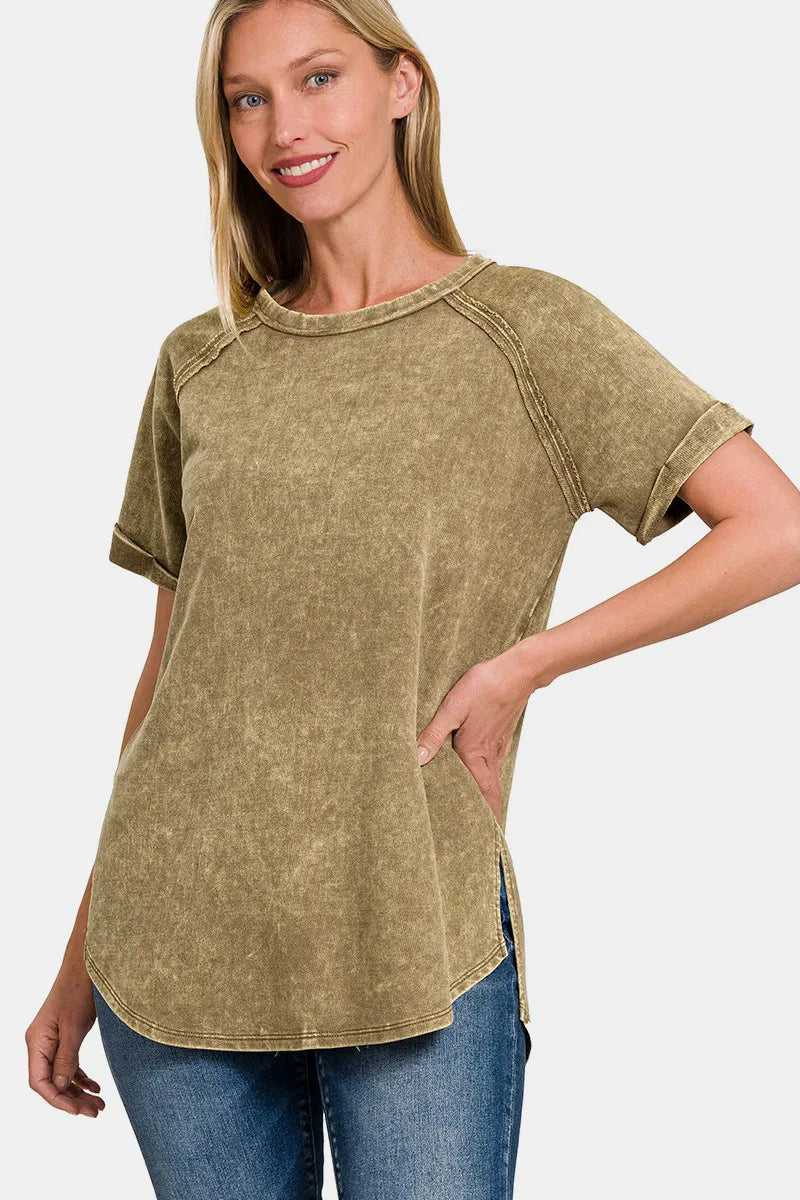 Zenana Heathered Round Neck Short Sleeve Top - Hopeford Streams