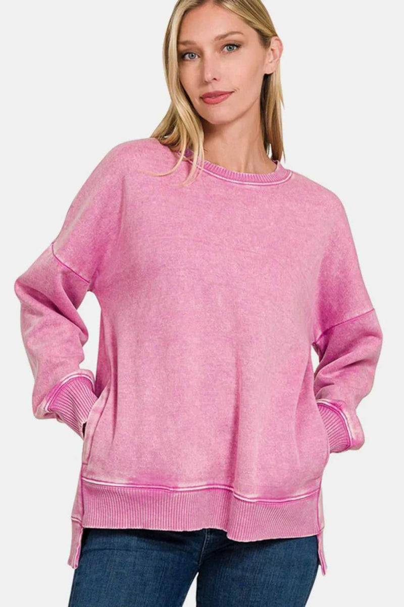 Zenana High - Low Acid Wash Fleece Sweatshirt - Hopeford Streams