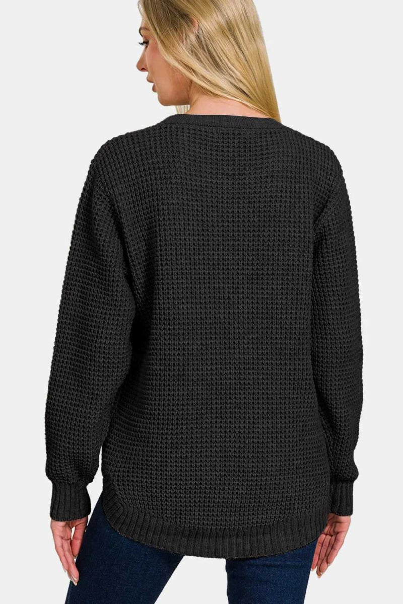 Zenana High Low Long Sleeve Waffle Sweater - Hopeford Streams