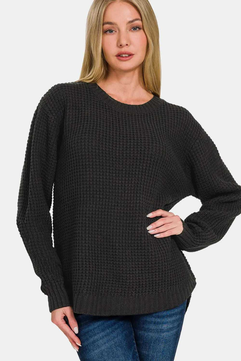 Zenana High Low Long Sleeve Waffle Sweater - Hopeford Streams