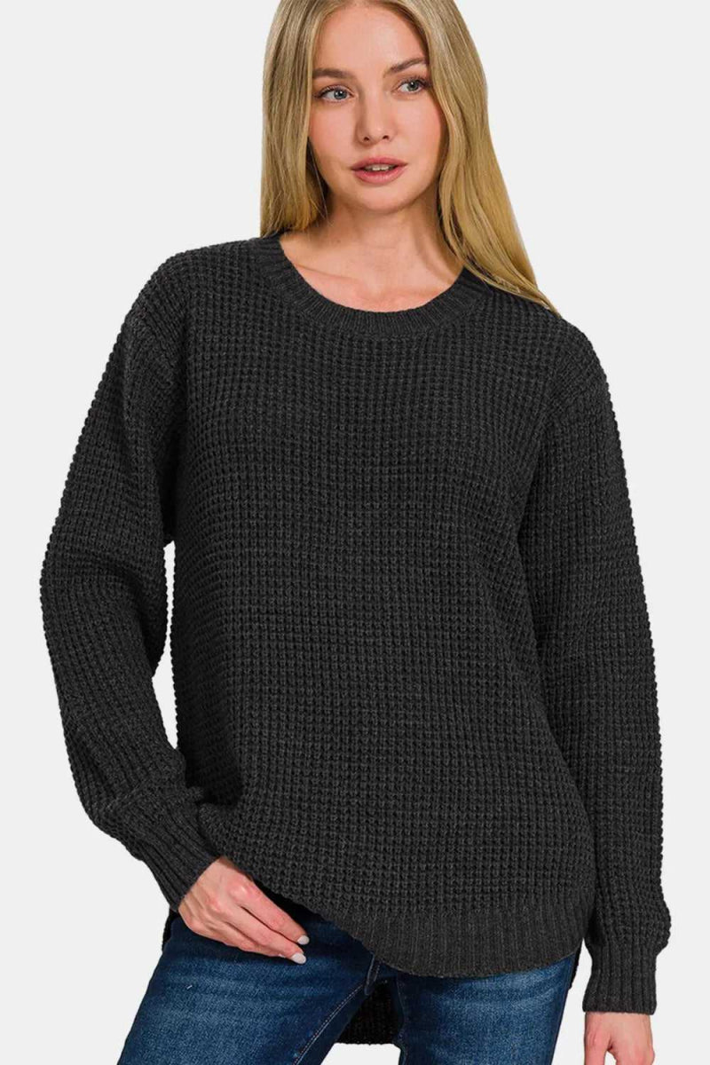 Zenana High Low Long Sleeve Waffle Sweater - Hopeford Streams