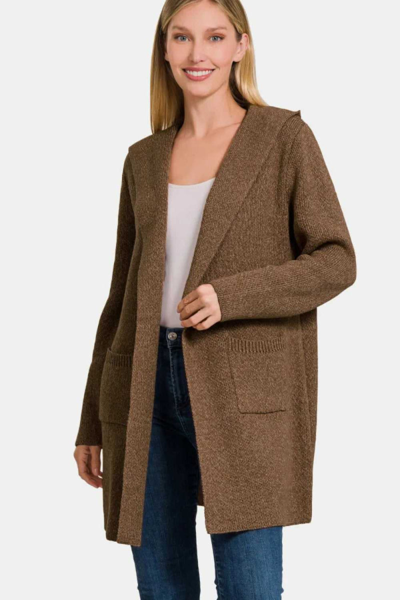 Zenana Hooded Open Front Sweater Cardigan - Hopeford Streams