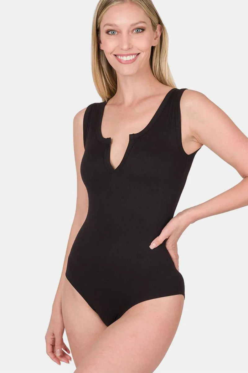 Zenana Microfiber Notched Sleeveless Bodysuit - Hopeford Streams