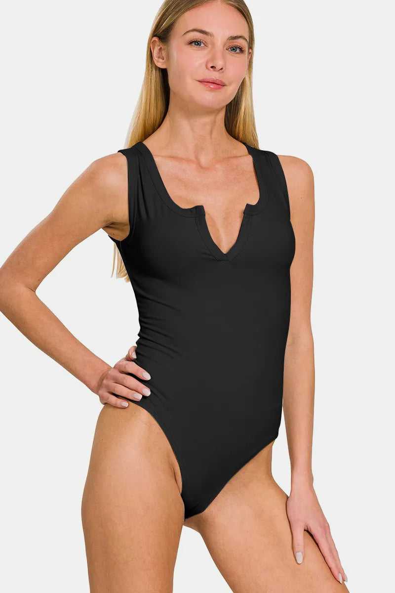 Zenana Microfiber Notched Sleeveless Bodysuit - Hopeford Streams