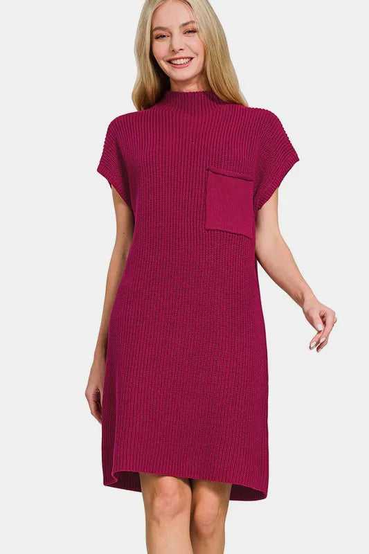 Zenana Mock Neck Short Sleeve Sweater Dress - Hopeford Streams