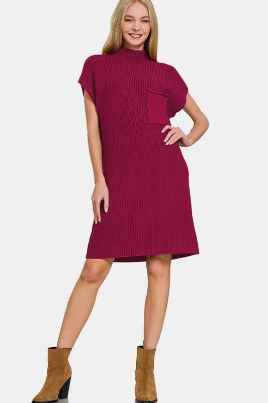 Zenana Mock Neck Short Sleeve Sweater Dress - Hopeford Streams