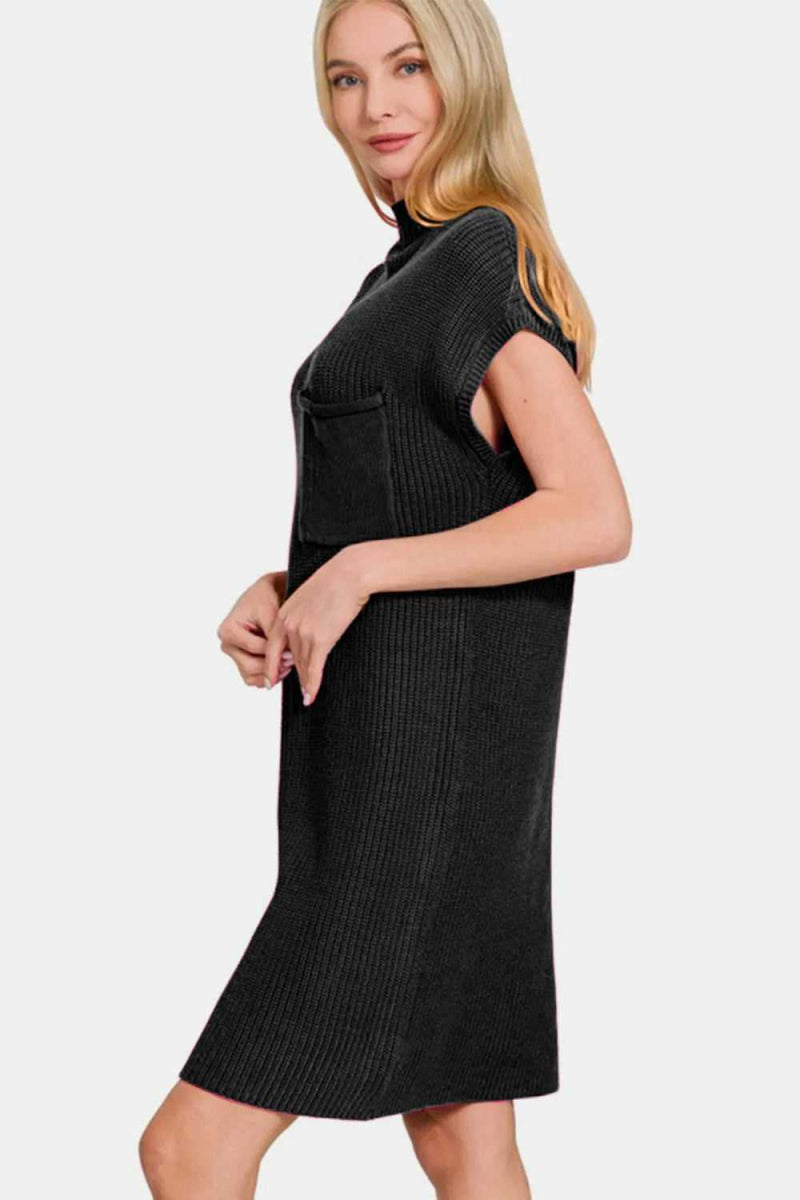 Zenana Mock Neck Short Sleeve Sweater Dress - Hopeford Streams