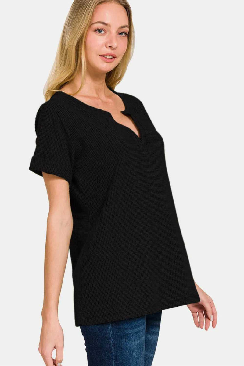 Zenana Notched Short Sleeve Waffle T-Shirt - Hopeford Streams