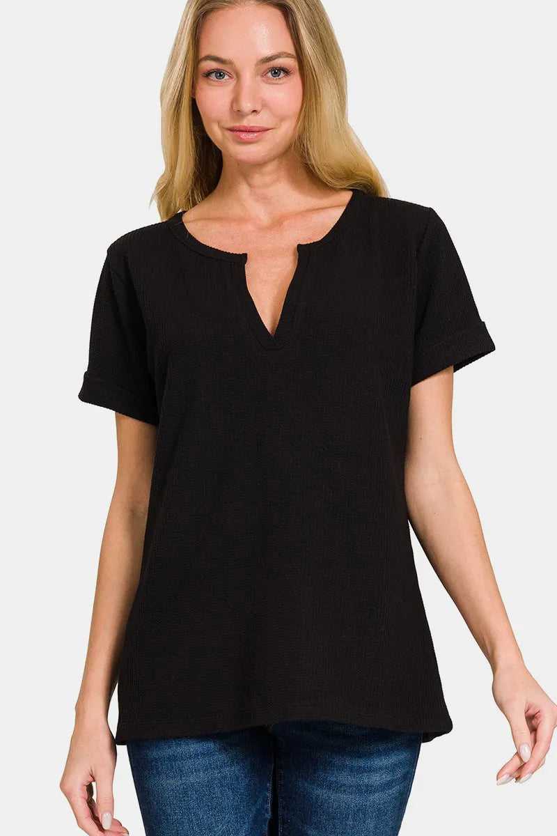 Zenana Notched Short Sleeve Waffle T-Shirt - Hopeford Streams