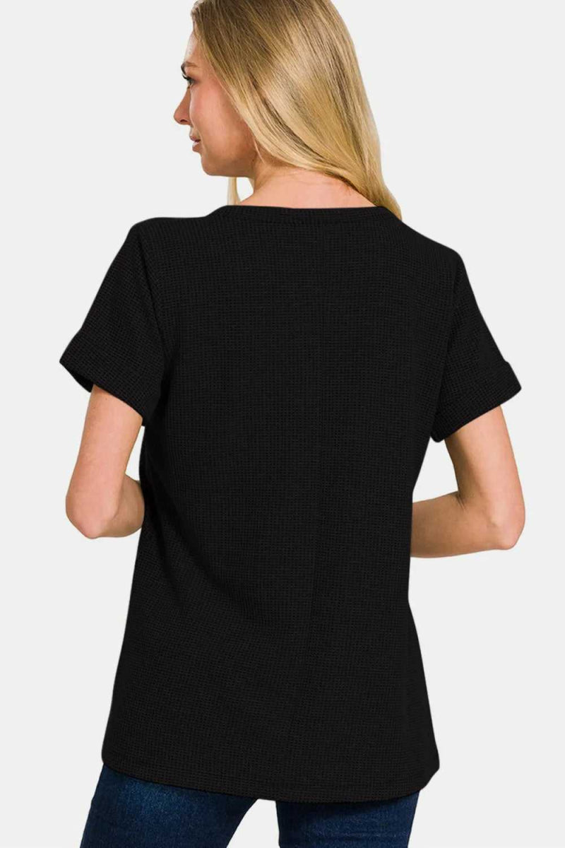 Zenana Notched Short Sleeve Waffle T-Shirt - Hopeford Streams