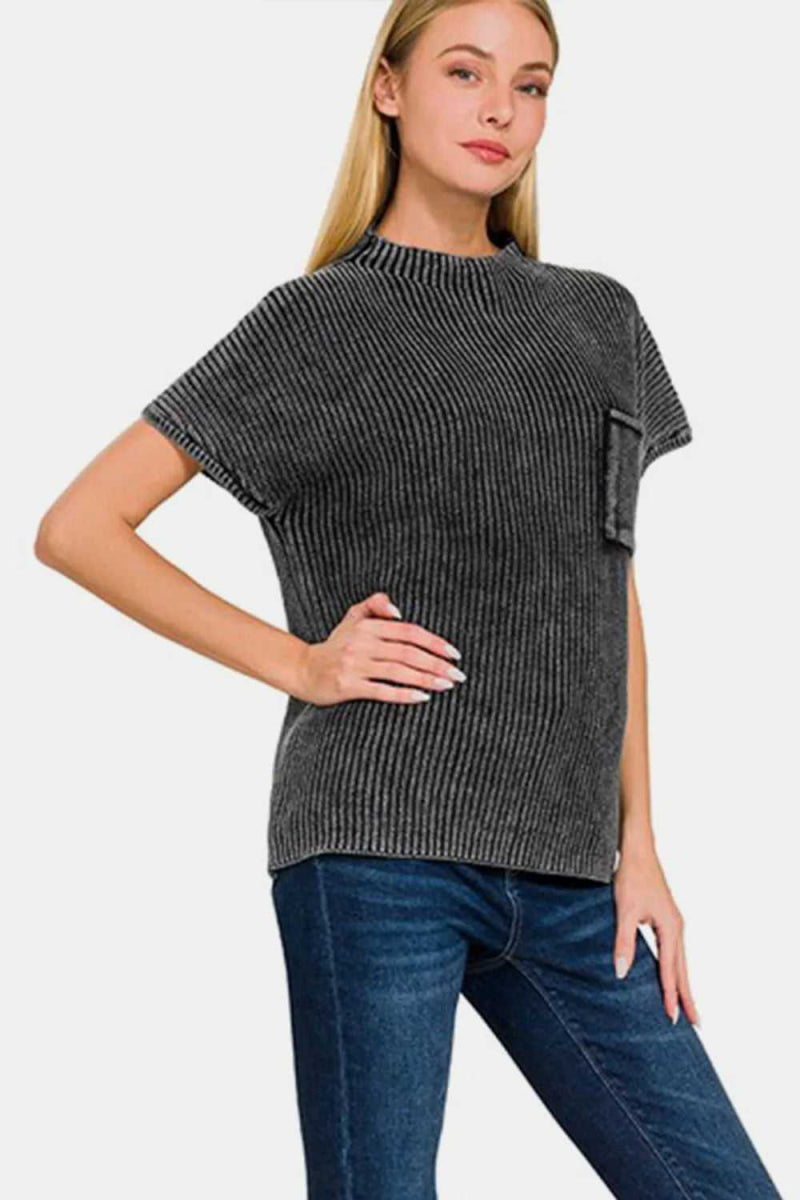 Zenana Pocketed Mock Neck Short Sleeve Sweater - Hopeford Streams