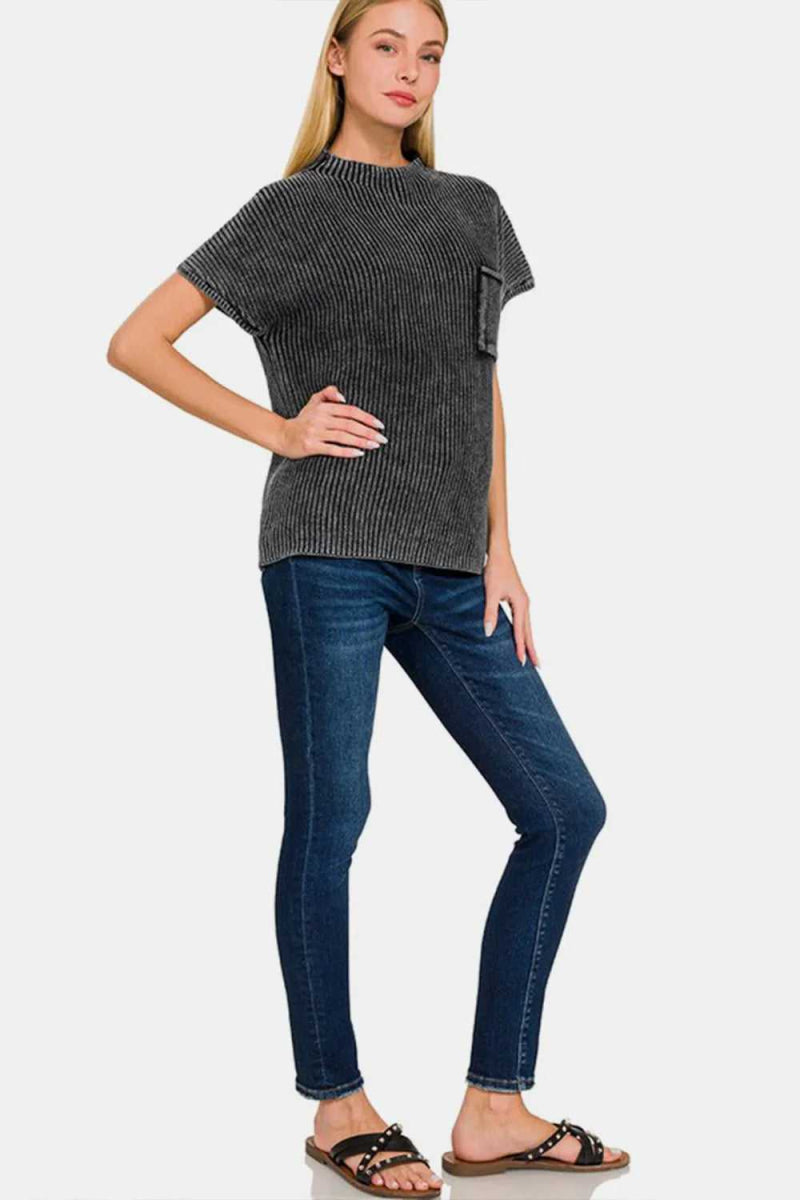 Zenana Pocketed Mock Neck Short Sleeve Sweater - Hopeford Streams