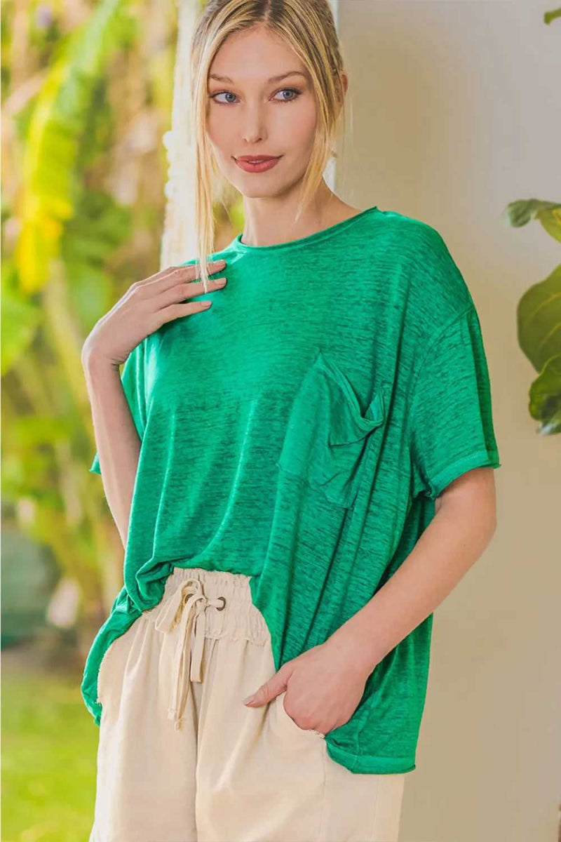 Zenana Pocketed Round Neck Dropped Shoulder T-Shirt - Hopeford Streams