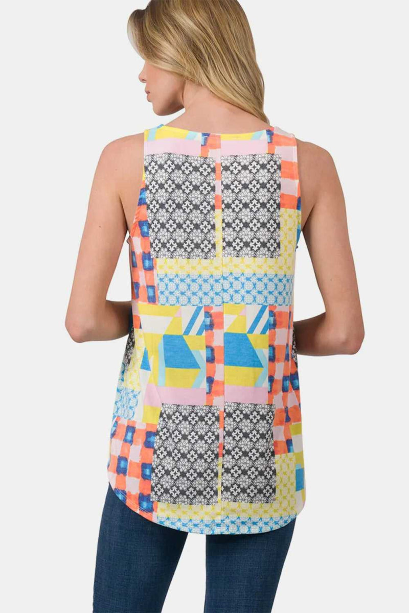Zenana Printed Round Neck Curved Hem Tank - Hopeford Streams