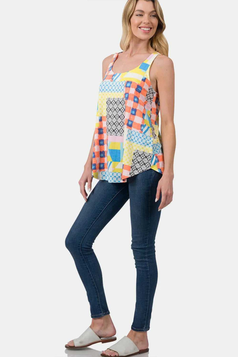 Zenana Printed Round Neck Curved Hem Tank - Hopeford Streams