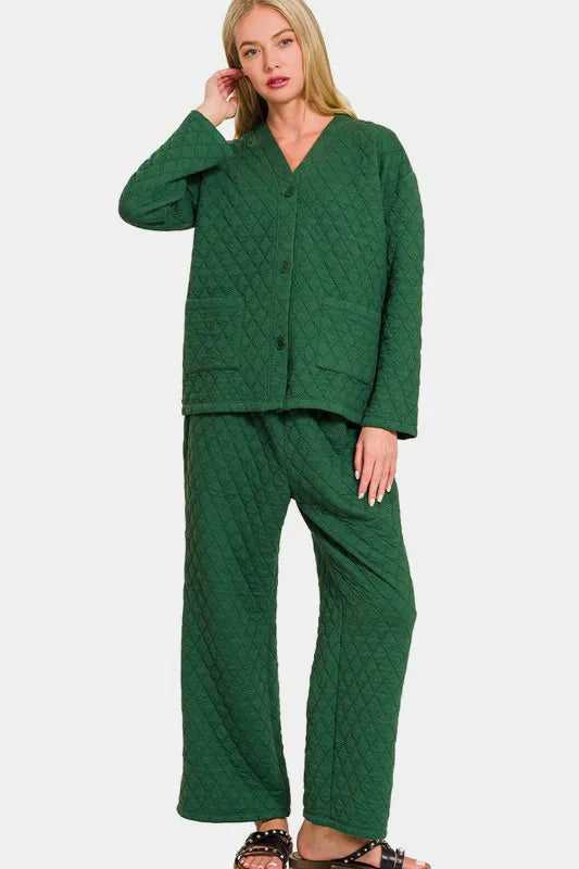 Zenana Quilted Button Up Long Sleeve Top and Pants Lounge Set - Hopeford Streams
