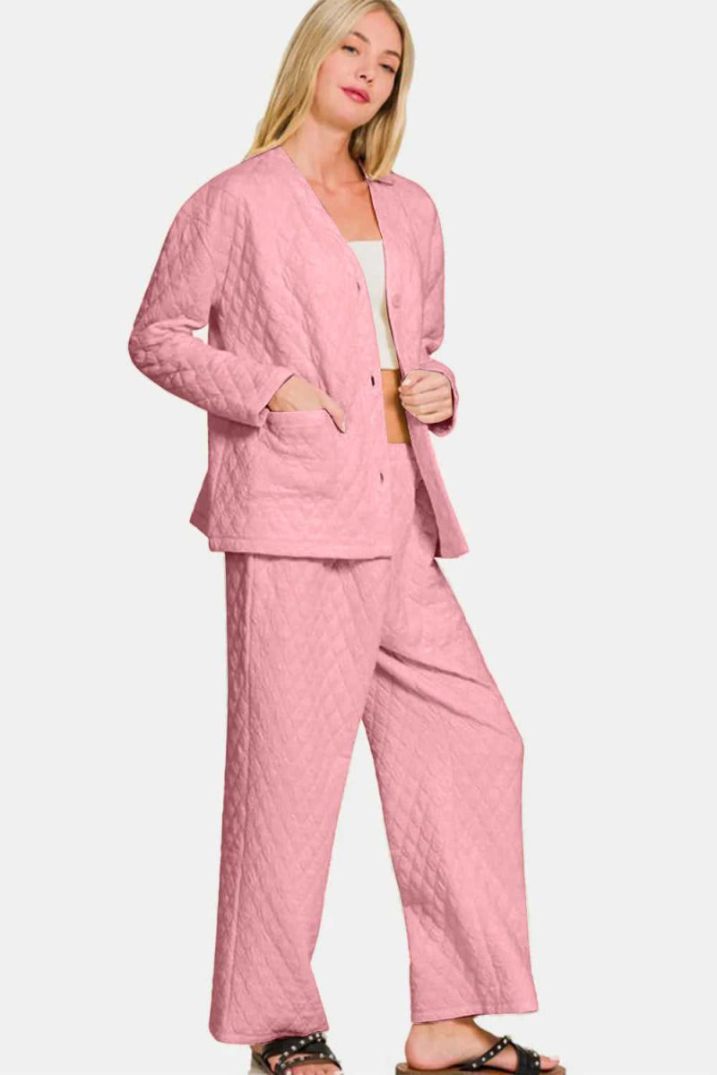 Zenana Quilted Button Up Long Sleeve Top and Pants Lounge Set - Hopeford Streams