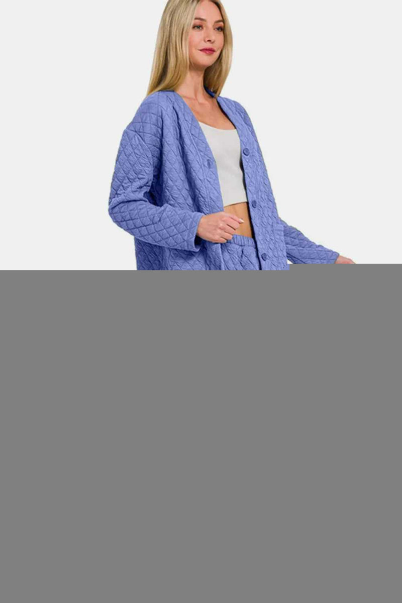 Zenana Quilted Button Up Long Sleeve Top and Pants Lounge Set - Hopeford Streams