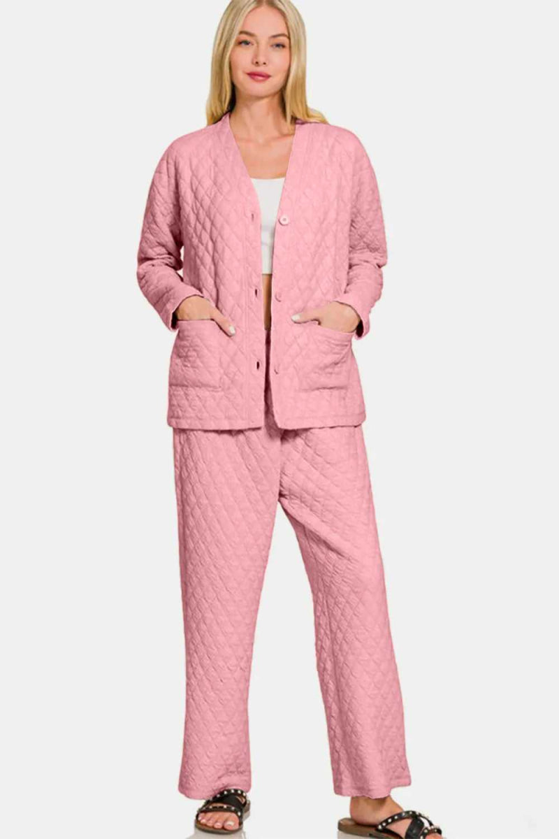 Zenana Quilted Button Up Long Sleeve Top and Pants Lounge Set - Hopeford Streams