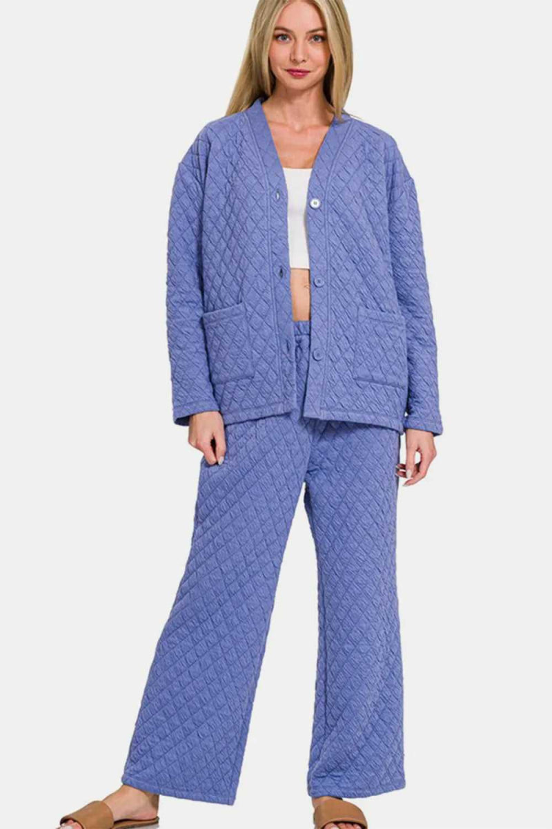 Zenana Quilted Button Up Long Sleeve Top and Pants Lounge Set - Hopeford Streams