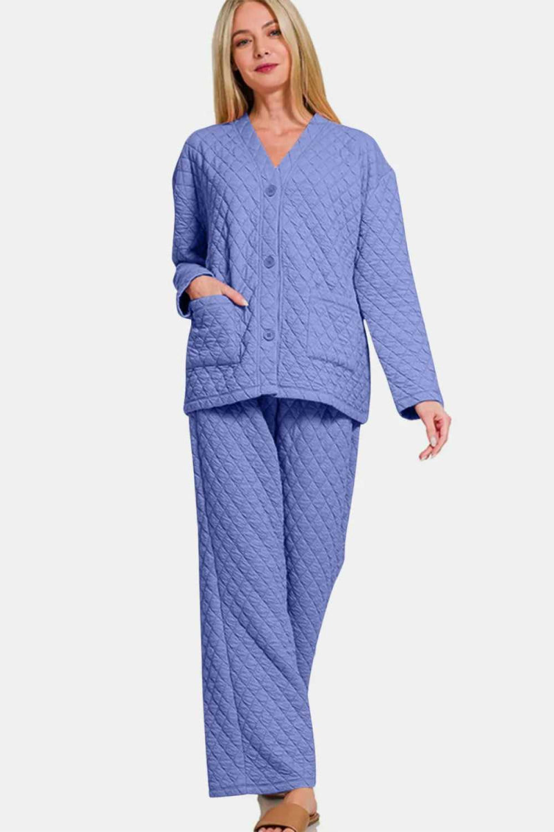 Zenana Quilted Button Up Long Sleeve Top and Pants Lounge Set - Hopeford Streams