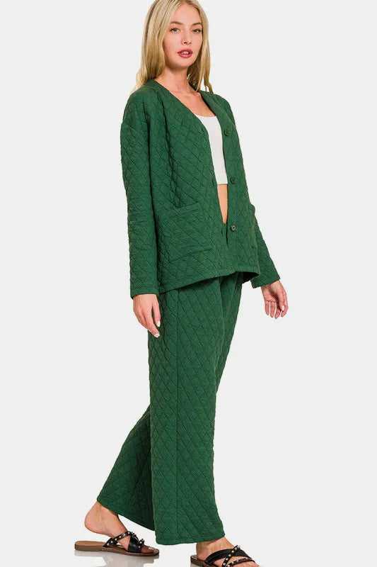 Zenana Quilted Button Up Long Sleeve Top and Pants Lounge Set - Hopeford Streams